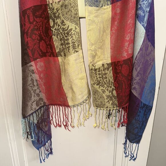 Large boho festival multi color block paisley shawl/wrap with fringe hem - Picture 3 of 5